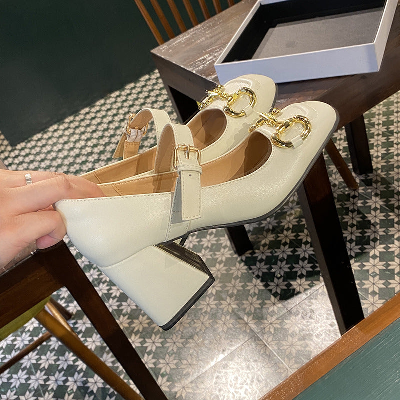 Zapatos Mary Jane de tacón alto con hebilla de caballo, tacón grueso, punta cuadrada, puntera