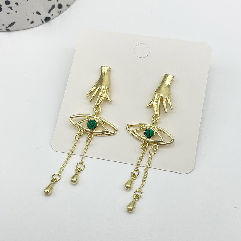 Retro Exaggerated Finger Turquoise Eyes Tassel Earrings