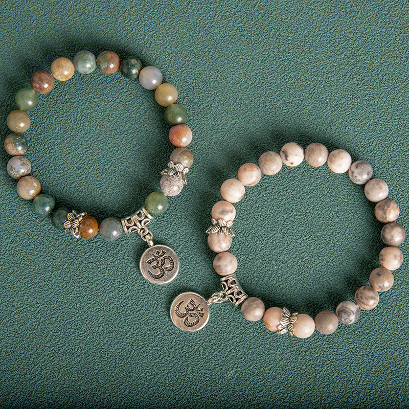 Bracelet pour hommes en perles d'agate indienne de 8 mm avec pierre de grain bleue et lettre de lotus