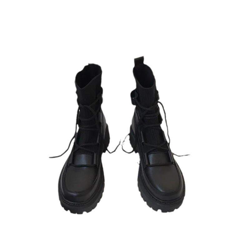 Zapatos de tacón de cuero dobles negros con fondo grueso informal de estilo coreano