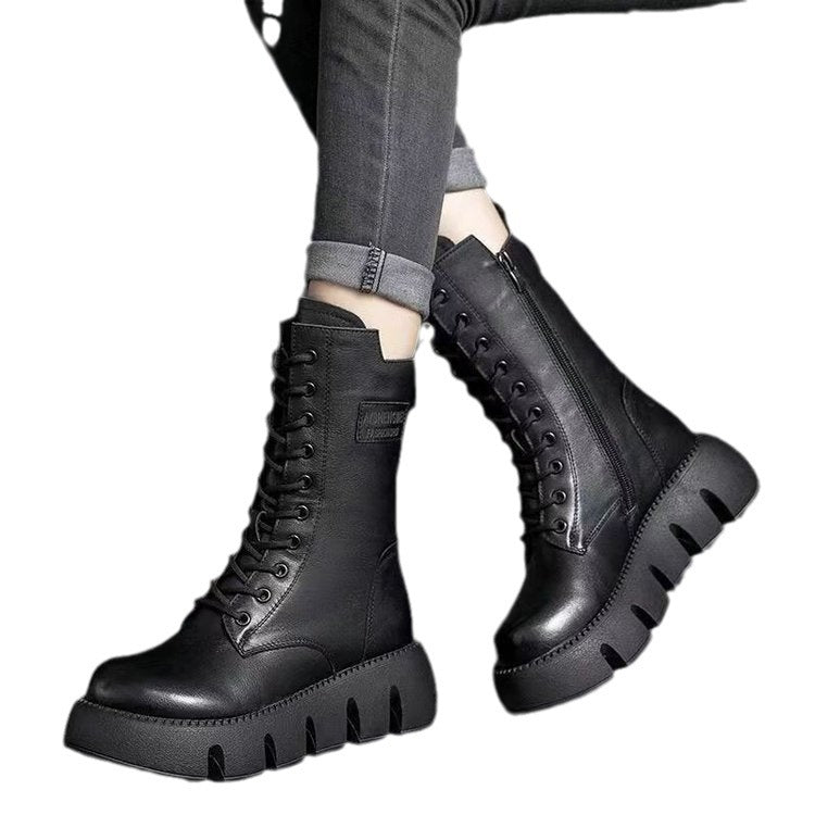 Botas retro para mujer Zapatos con cordones Otoño e invierno Botas británicas con hebilla alta versátiles