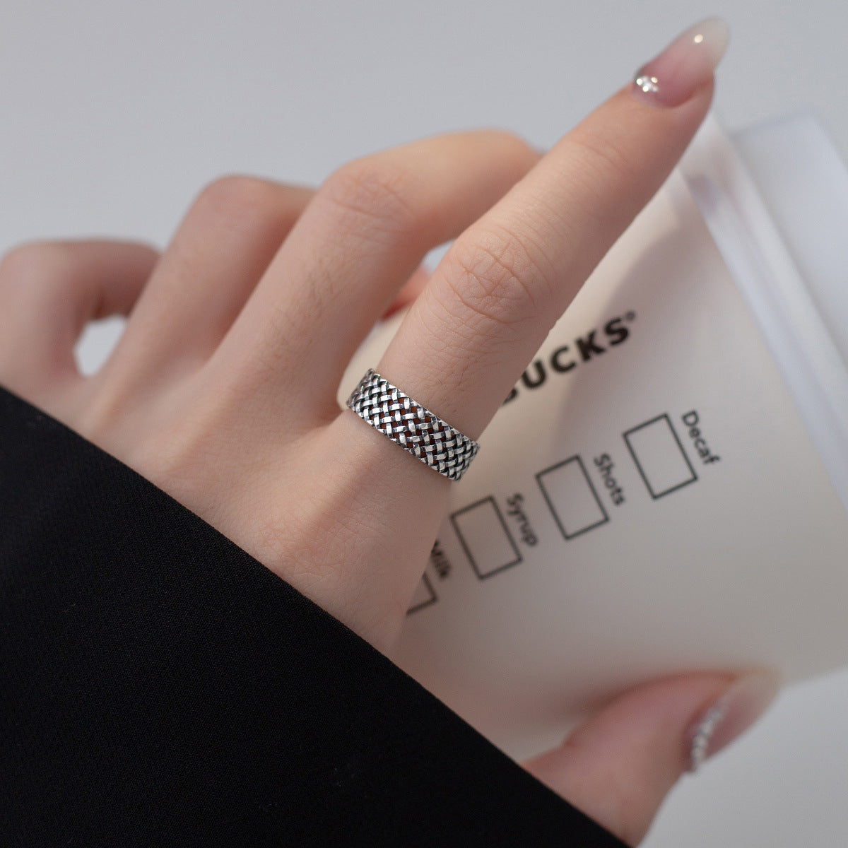 S925 Sterling Silver Plaid Woven Wide Face Ring