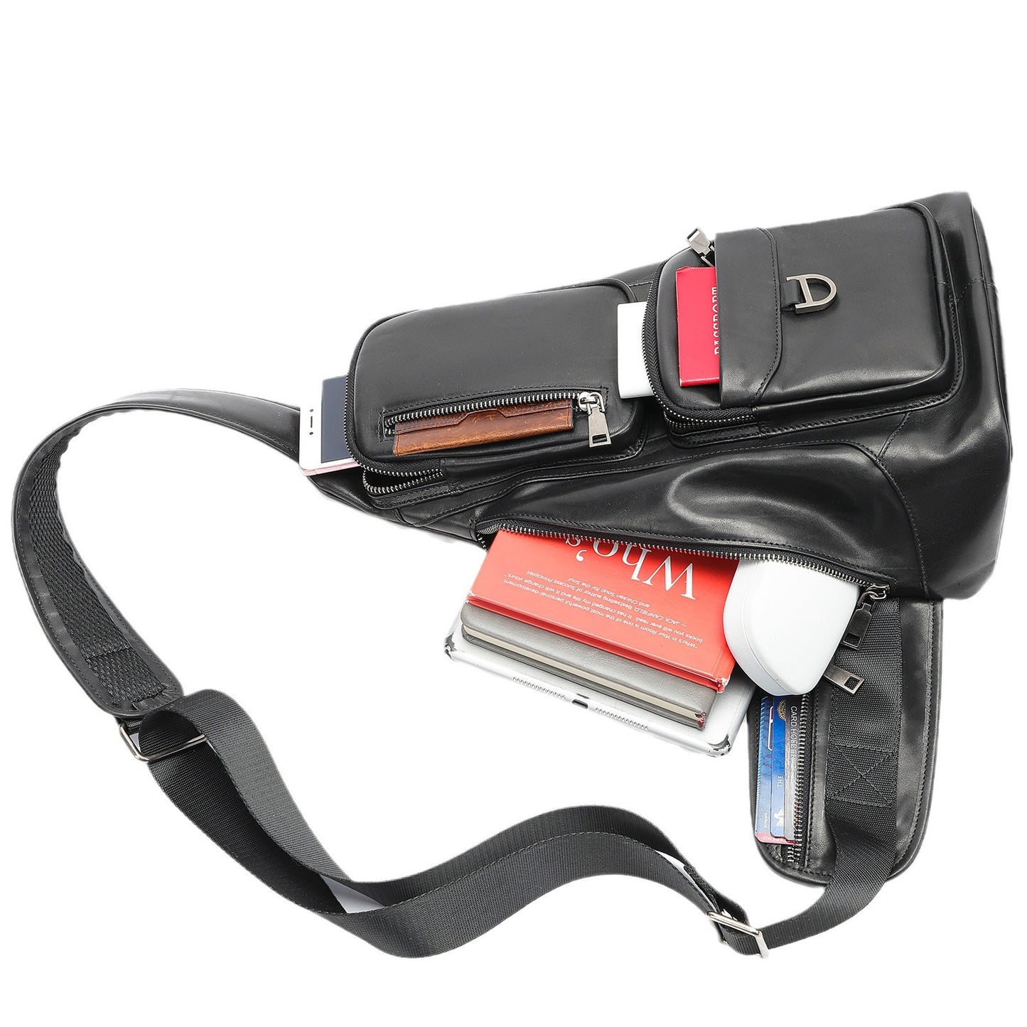Sac de poitrine en cuir de vache à première couche, sacoche à bandoulière de grande capacité en peau de squelette brossée