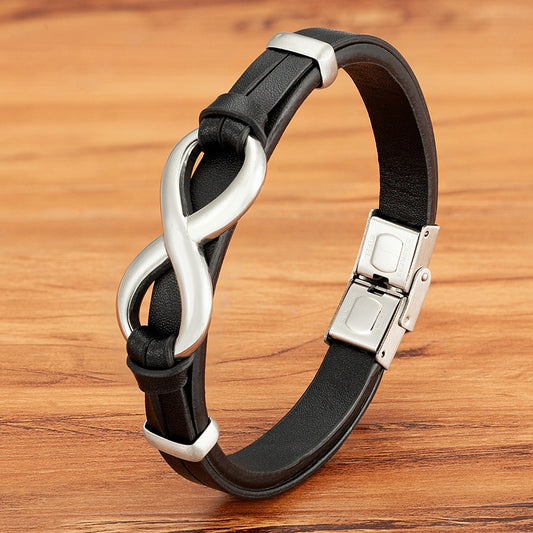 Men's Leather 8-word Stainless Steel Magnetic Snap Leather Bracelet