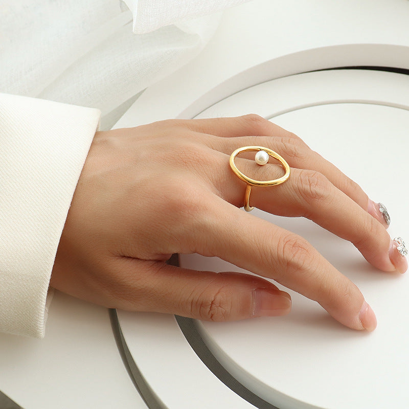 18K Gold Geometric Titanium Steel Ring  Pearl