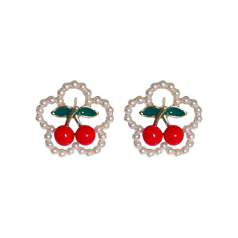 S925 Silver Needle Red Cherry Pearl Earrings Female