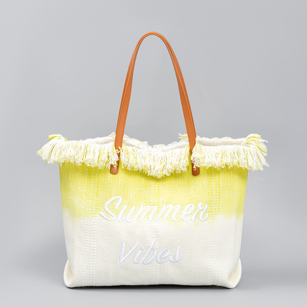 Sac fourre-tout brodé en toile avec pompon, sac magnétique sous les bras, été