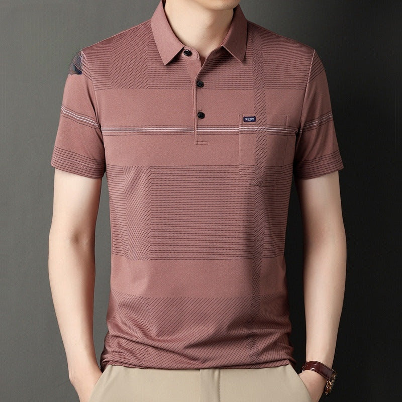 Men's Stripe Belt Lapel Short Sleeve Polo Shirt