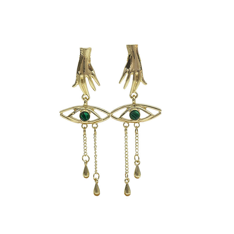 Retro Exaggerated Finger Turquoise Eyes Tassel Earrings
