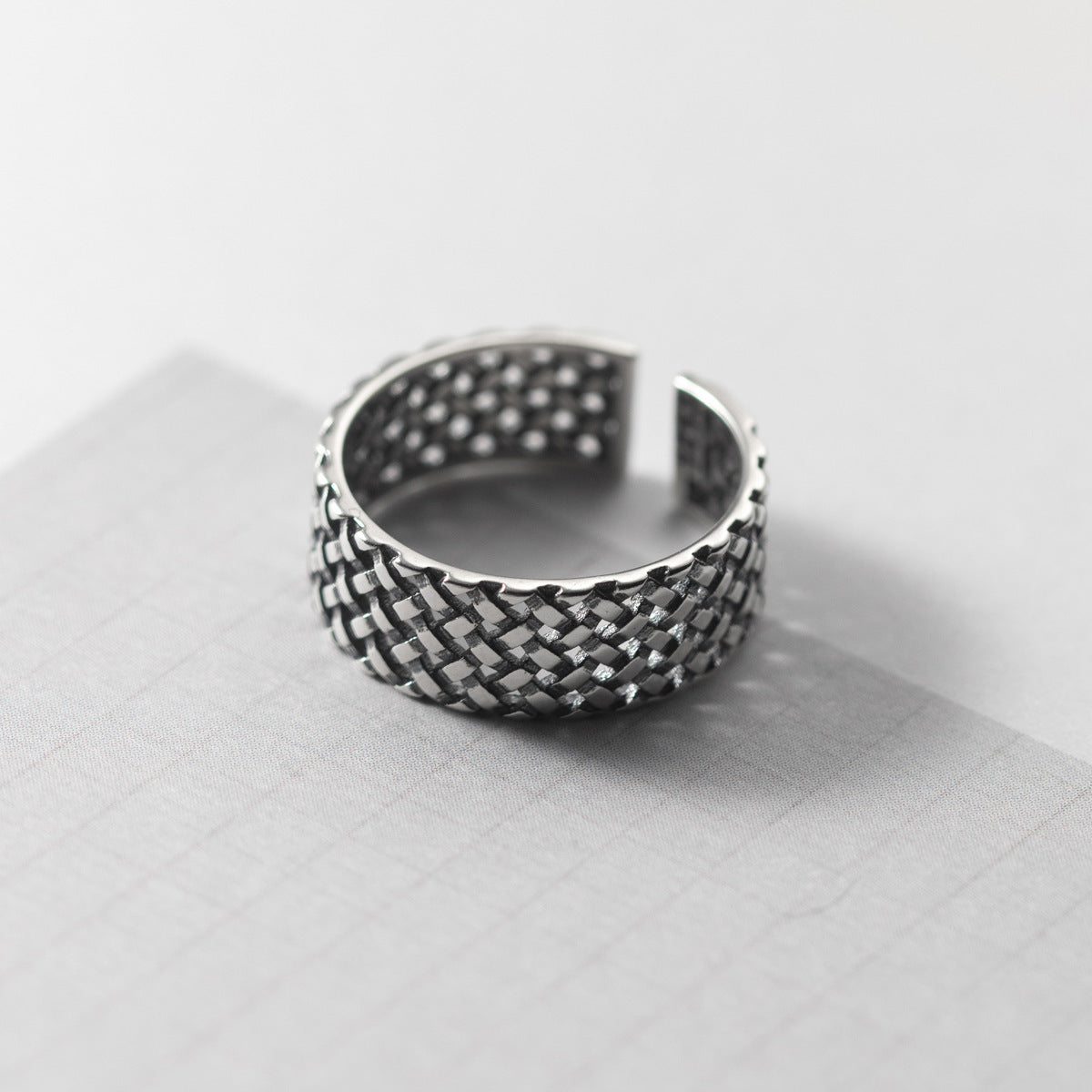 S925 Sterling Silver Plaid Woven Wide Face Ring
