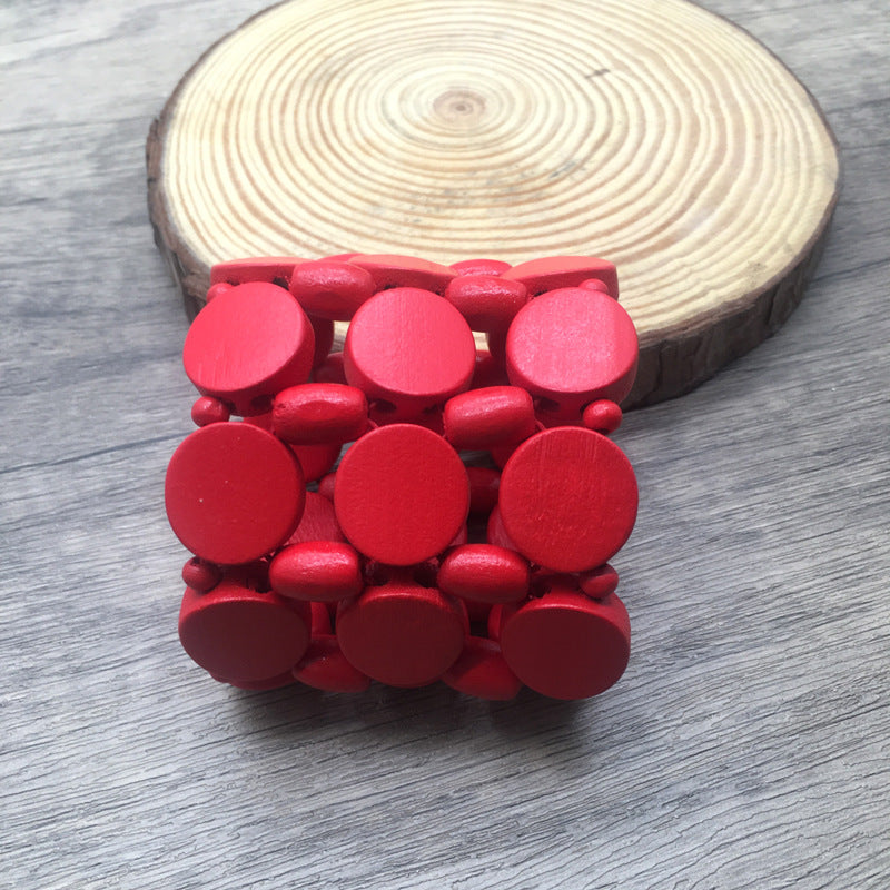 Watch Buckle Colored Wood Handmade Beaded Elastic Bracelet