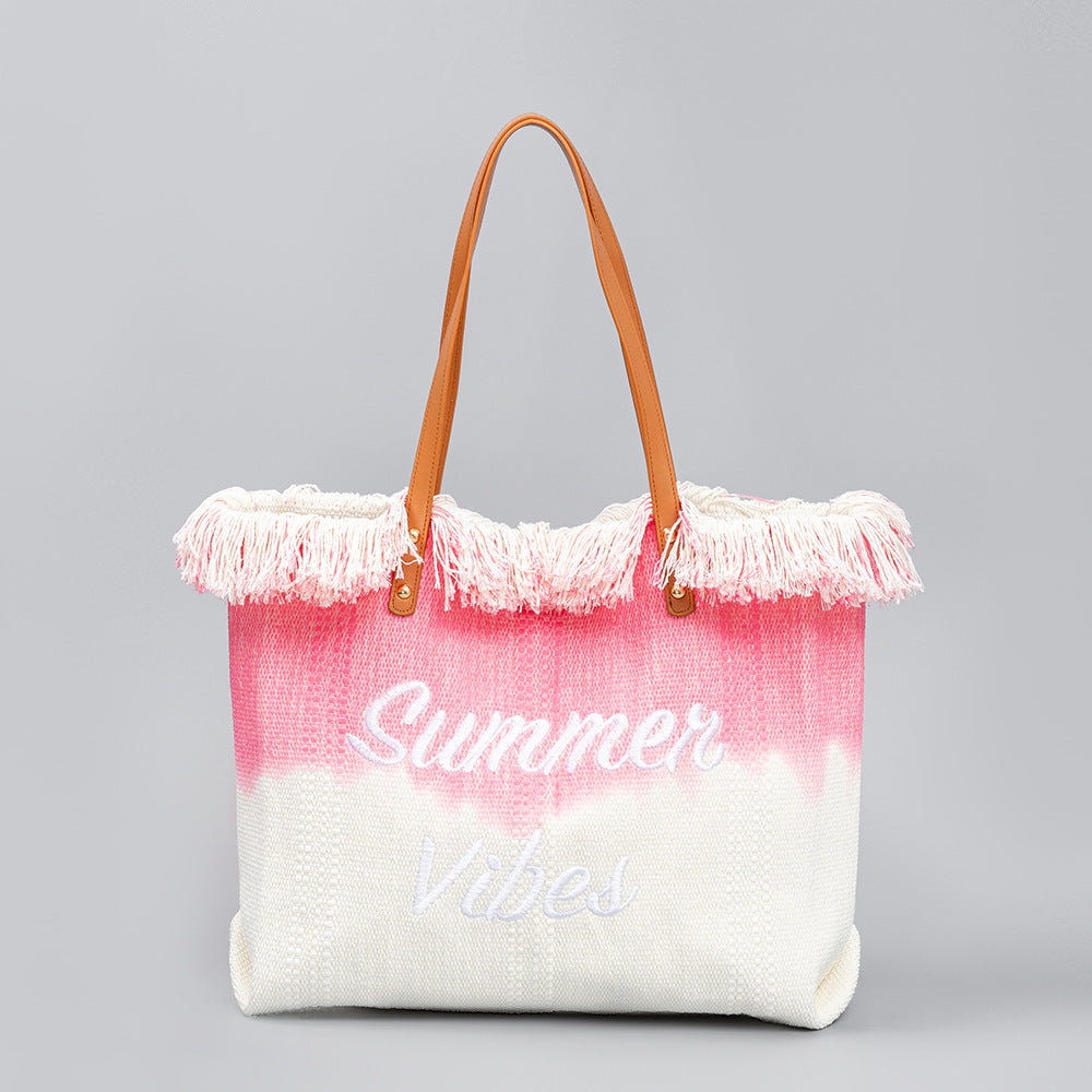 Sac fourre-tout brodé en toile avec pompon, sac magnétique sous les bras, été