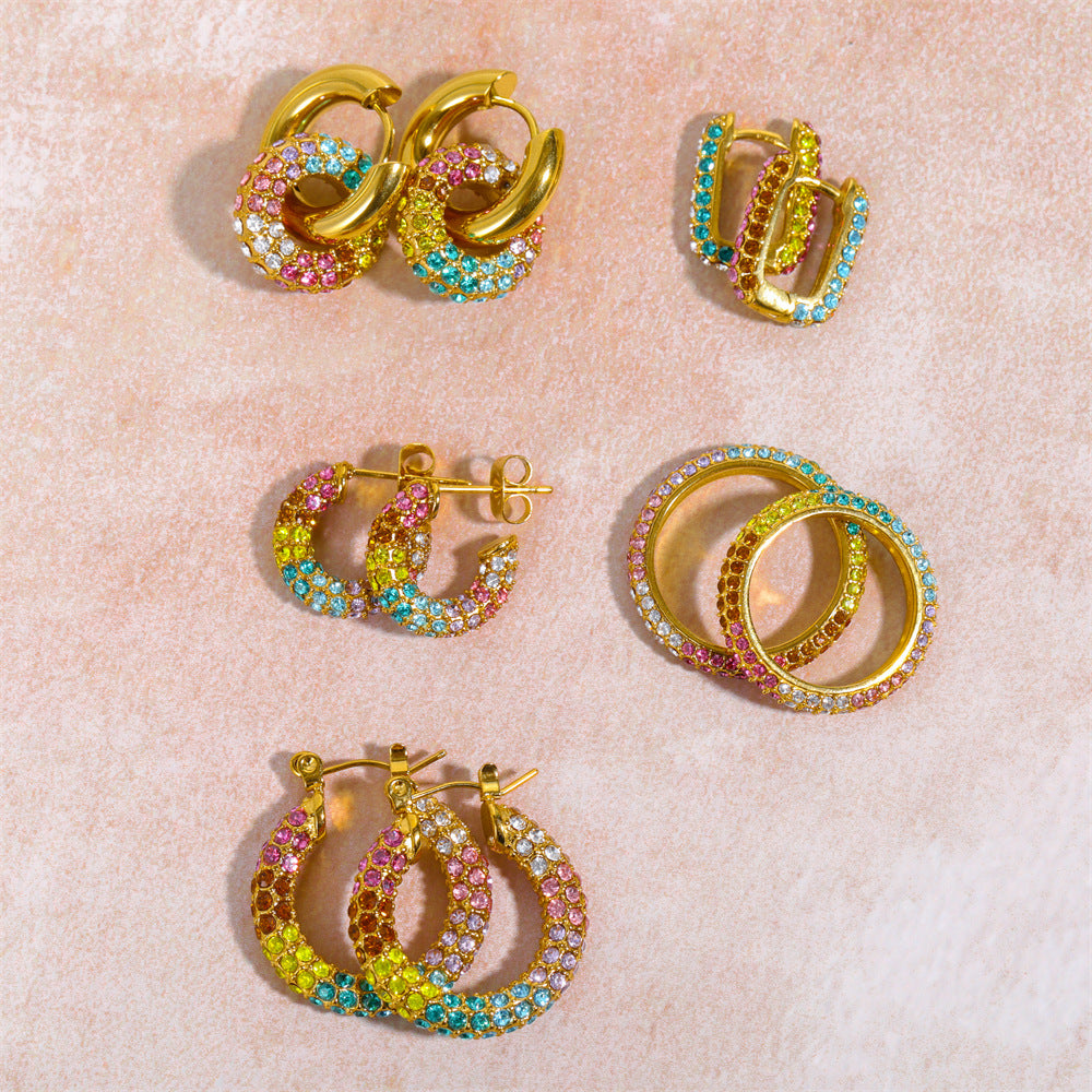 Rhinestone Earrings Ear Clip Stainless Steel Colorful Full Diamond