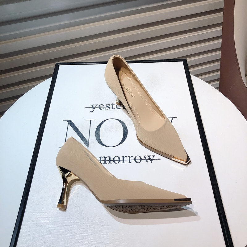 Talons hauts français pour femmes, nouvelle mode de printemps, talon aiguille pointu en métal, coupe basse