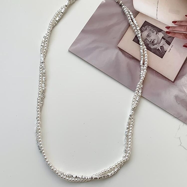 Women's Double-layer Pearl And Silver Necklace Simple Bracelet