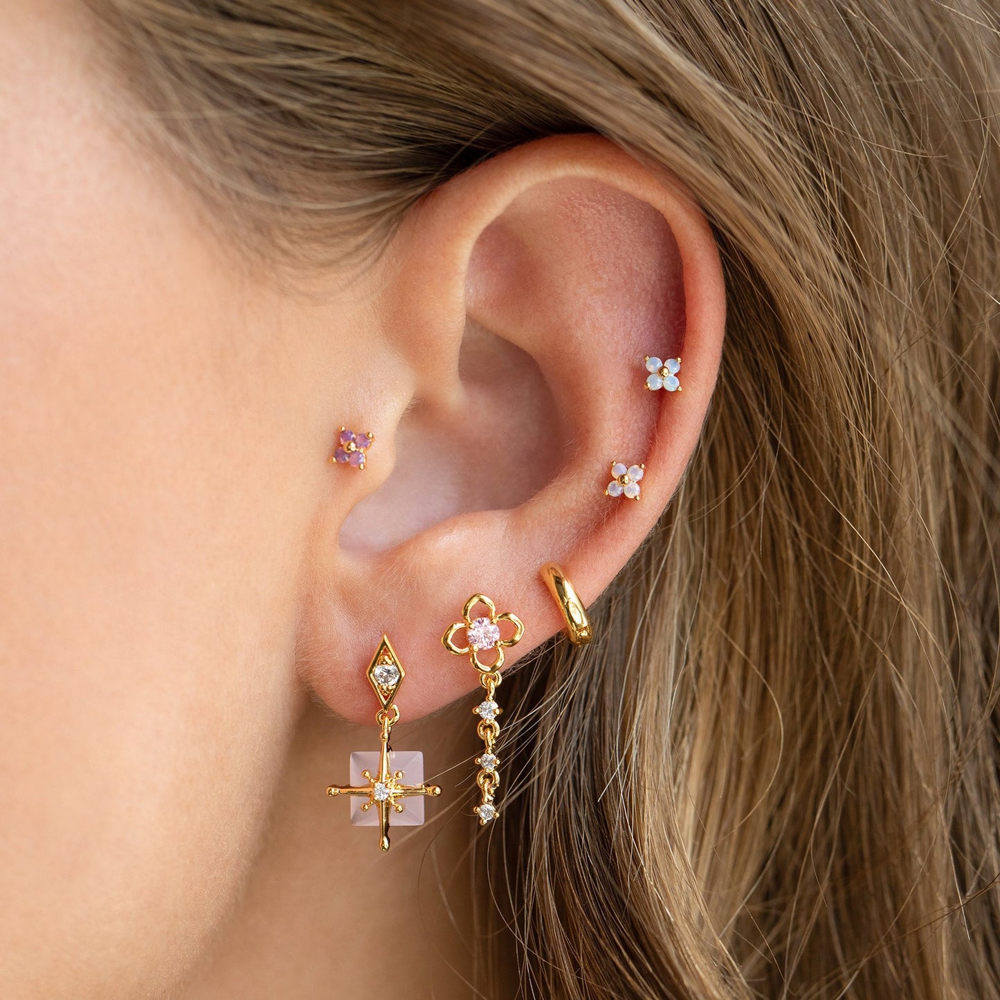 Cute Blue Flower Stud Earrings Copper Plated Real Gold