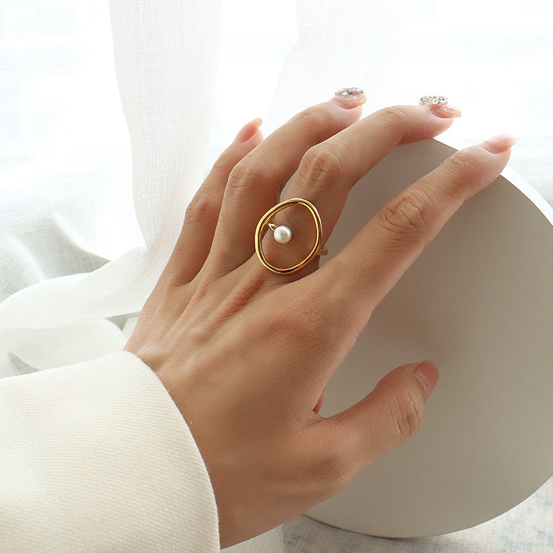 18K Gold Geometric Titanium Steel Ring  Pearl