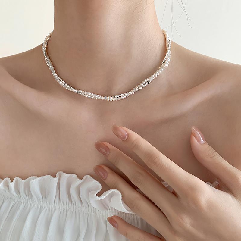 Women's Double-layer Pearl And Silver Necklace Simple Bracelet