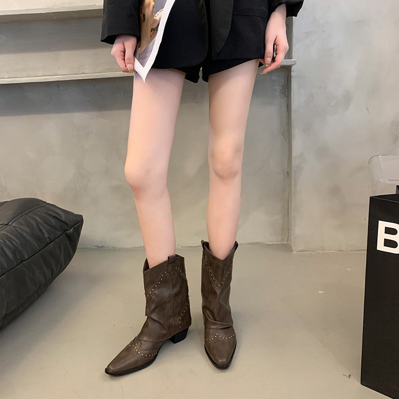 Bottes collants à bout pointu rétro coupe en V pour femmes, Design d'intérêt spécial