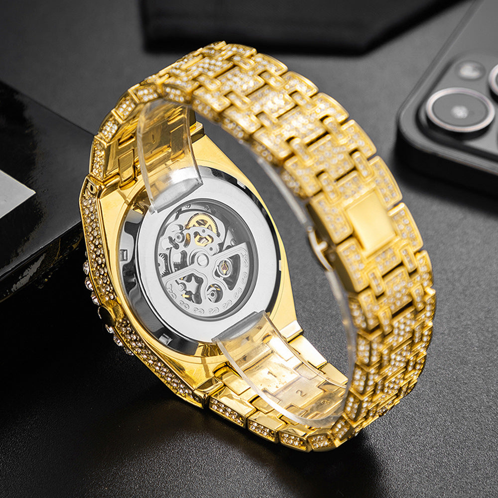 Reloj mecánico hueco automático para fiesta de Hip Hop con diamantes completos