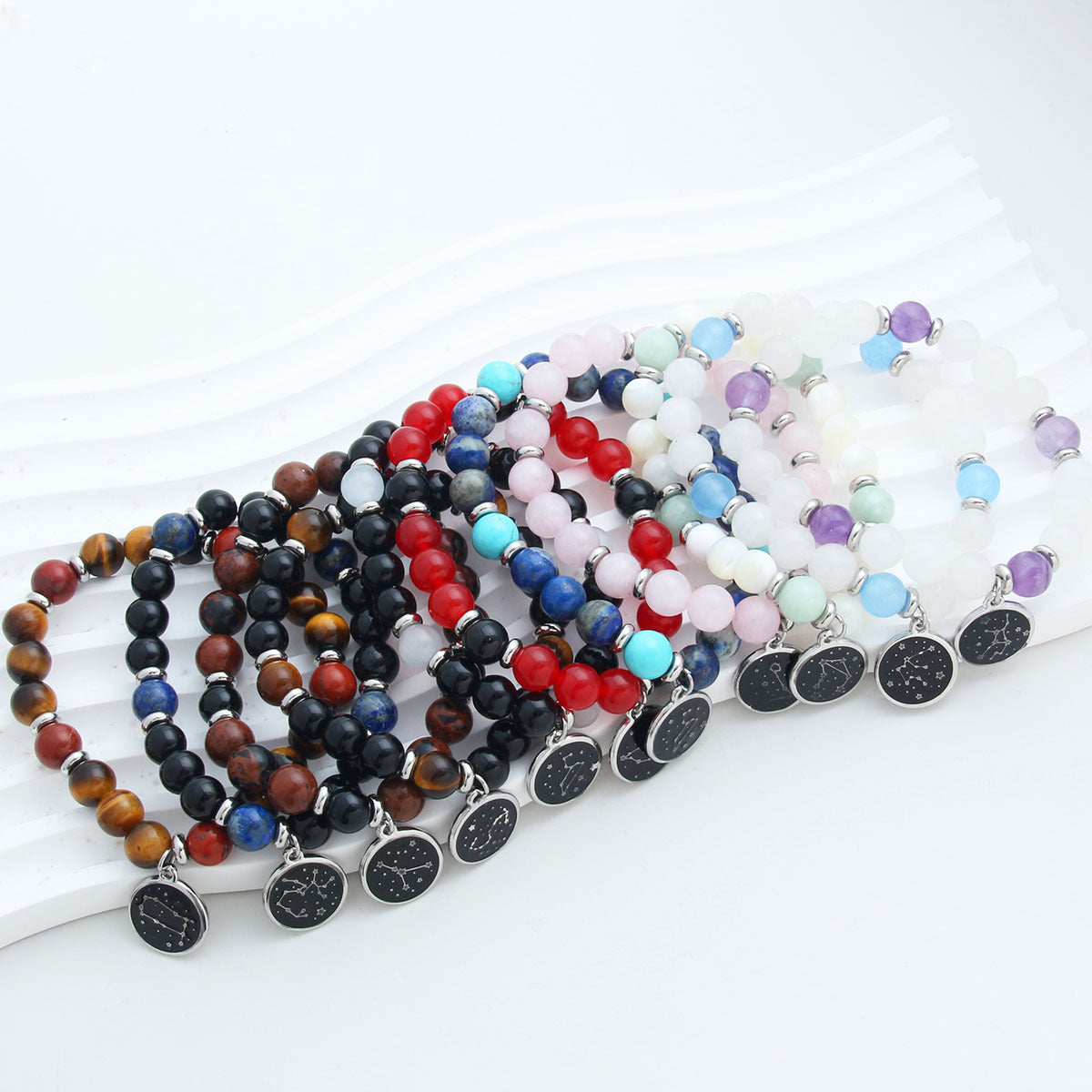Bracelet rond en perles de pierre naturelle, pendentif rond en acier inoxydable, douze constellations
