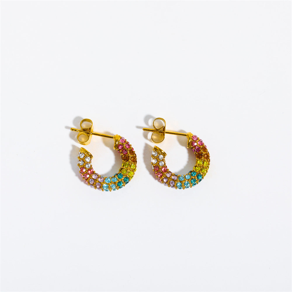 Rhinestone Earrings Ear Clip Stainless Steel Colorful Full Diamond