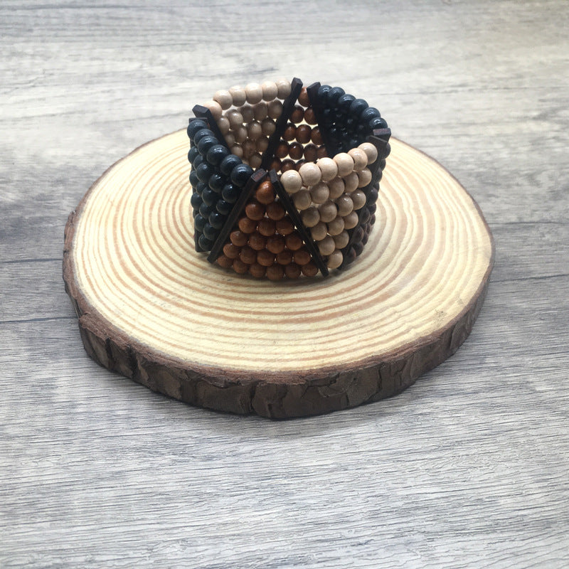 Watch Buckle Colored Wood Handmade Beaded Elastic Bracelet