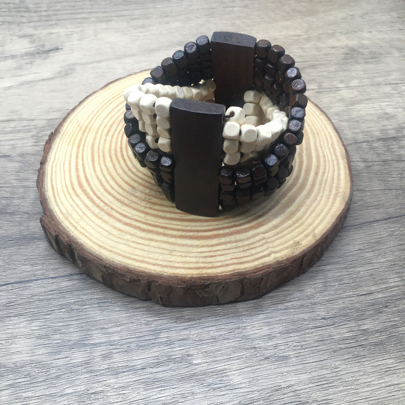 Watch Buckle Colored Wood Handmade Beaded Elastic Bracelet