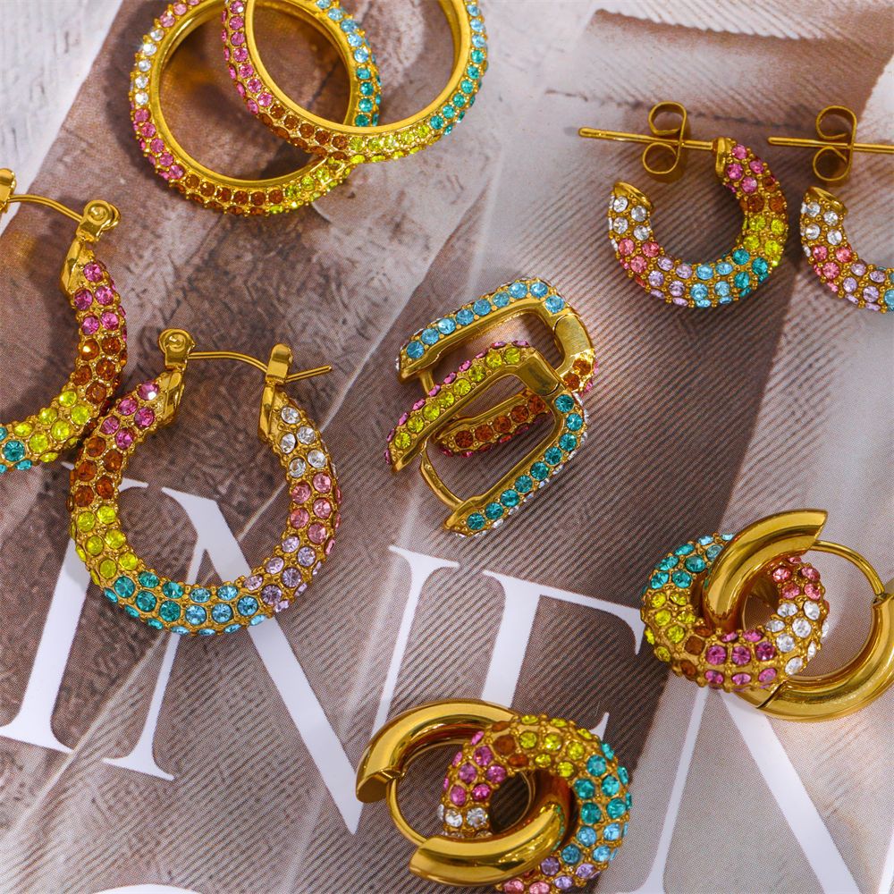 Rhinestone Earrings Ear Clip Stainless Steel Colorful Full Diamond