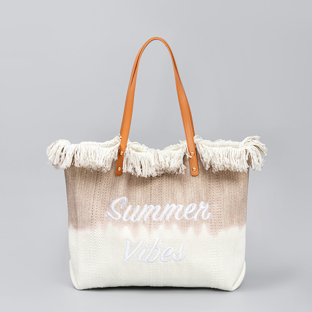 Sac fourre-tout brodé en toile avec pompon, sac magnétique sous les bras, été
