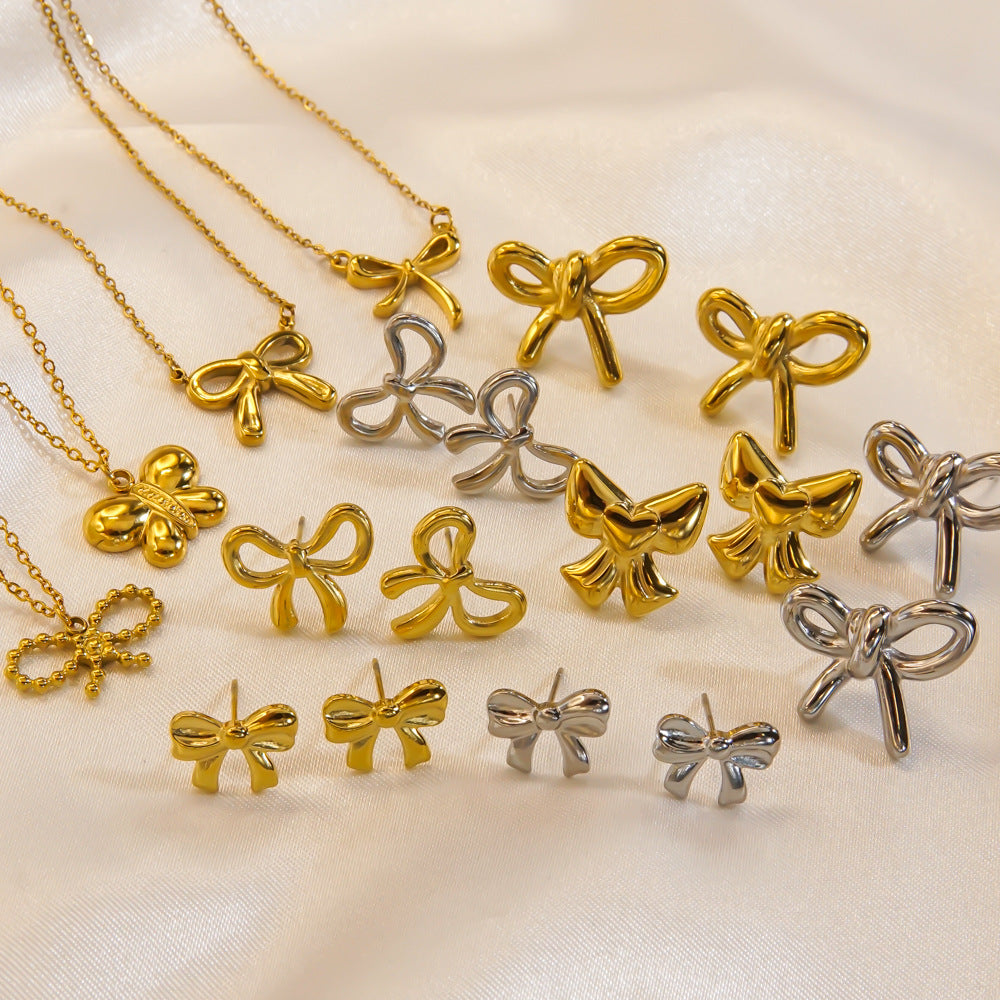 Bow Stainless Steel 14K Gold Earrings Necklace