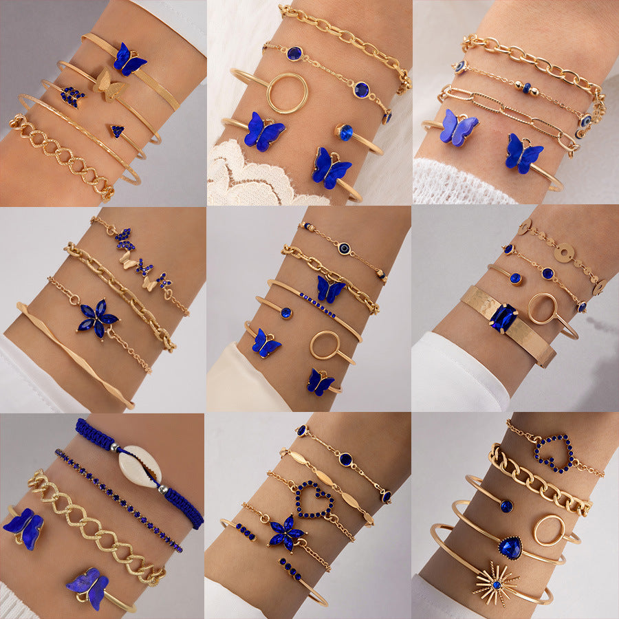 Bracelet à quatre couches creux clouté de diamants papillon bleu