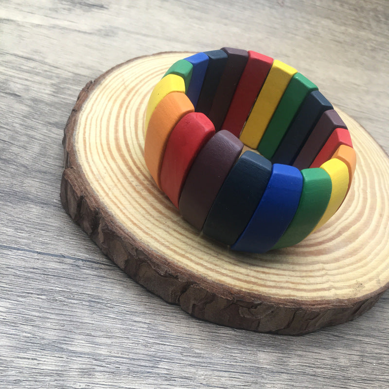 Watch Buckle Colored Wood Handmade Beaded Elastic Bracelet