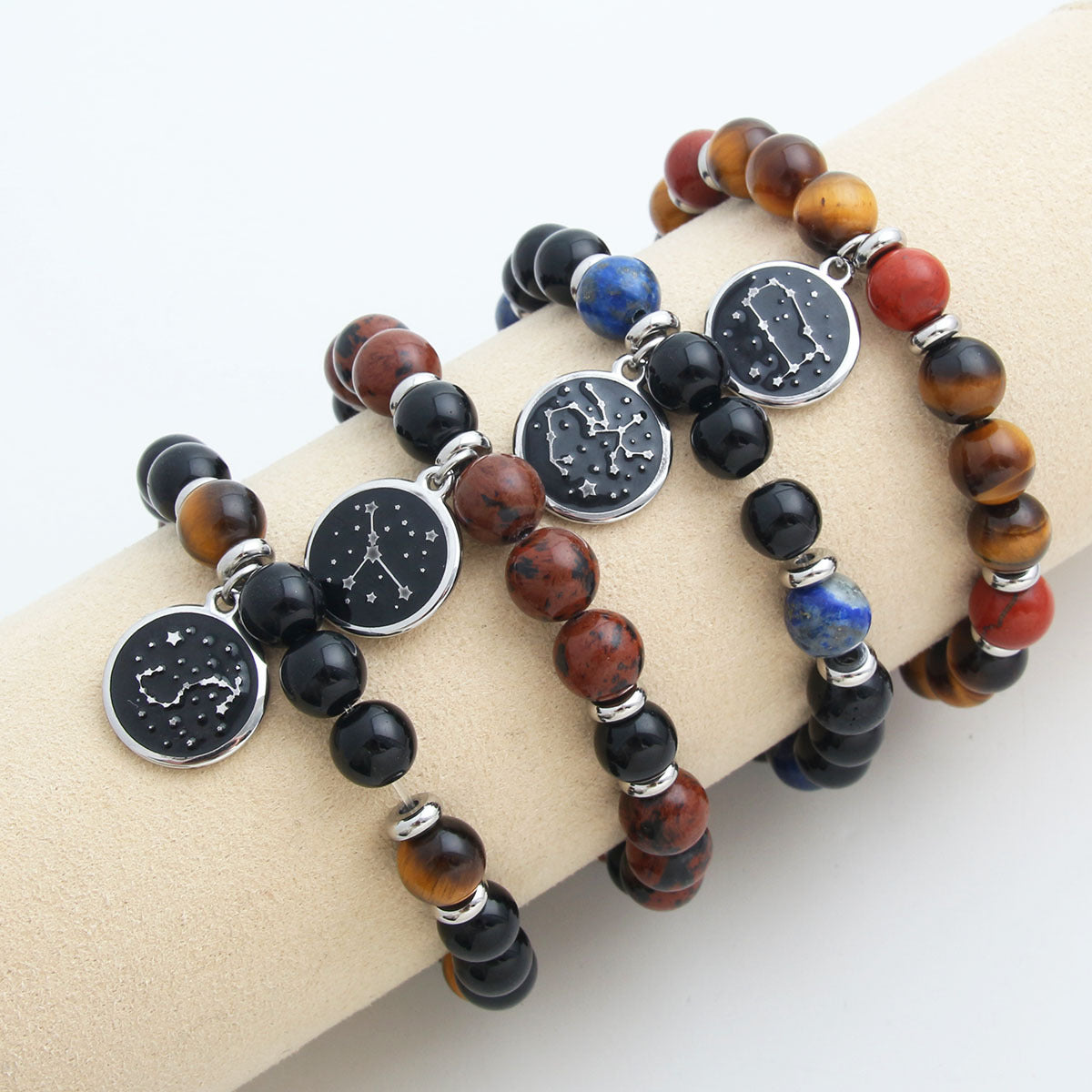 Bracelet rond en perles de pierre naturelle, pendentif rond en acier inoxydable, douze constellations