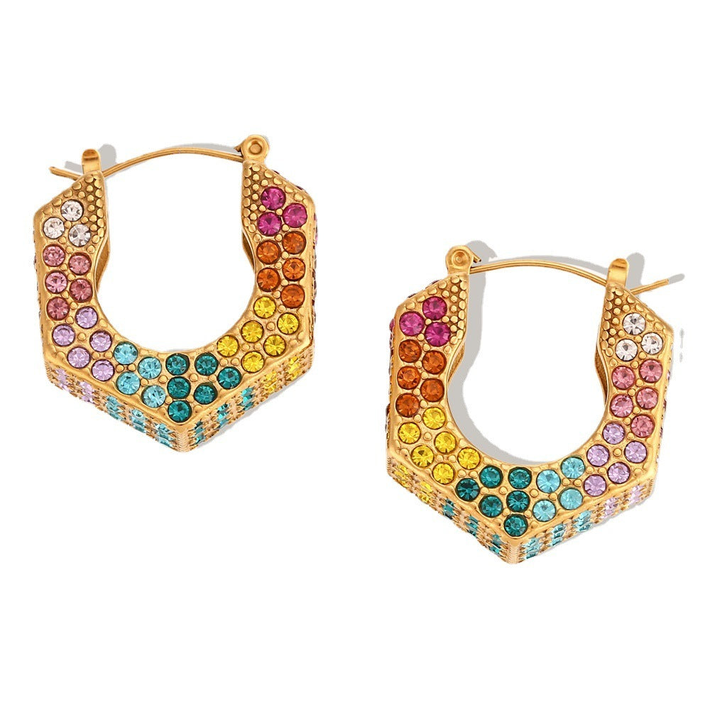Personalized Retro Earrings Jewelry Stainless Steel Gold-plated Hexagonal Diamond Box Ear Ring