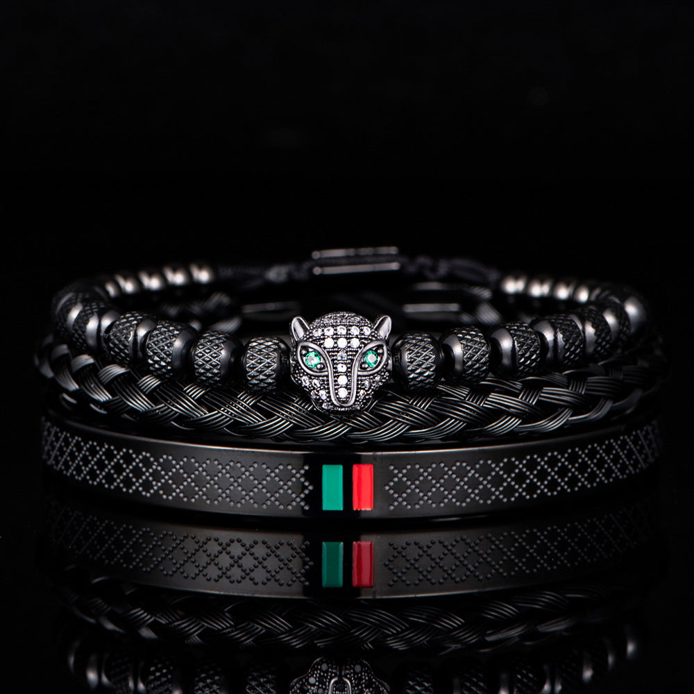 Ensemble de bracelets tête de léopard micro incrustés en acier inoxydable
