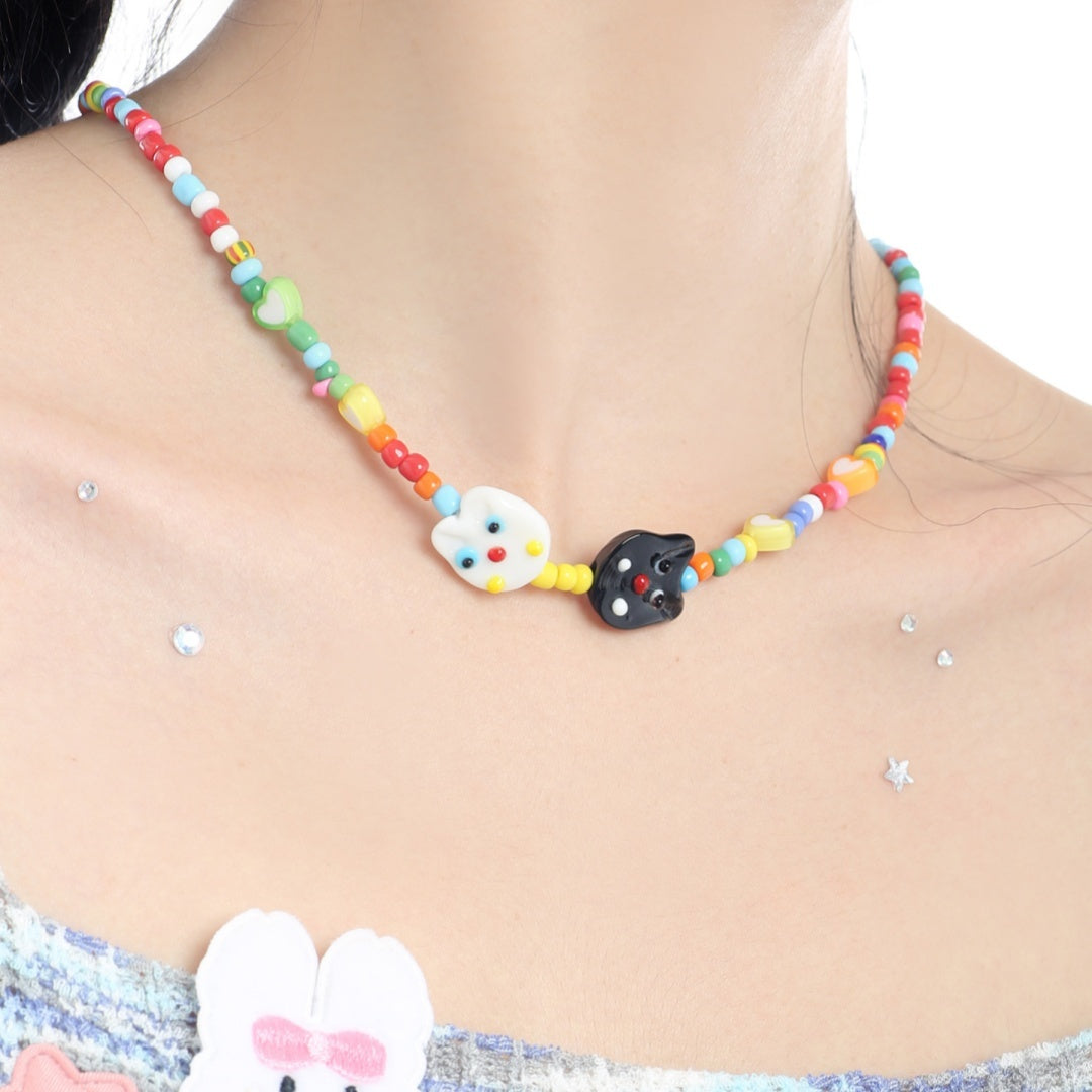 Cartoon Cat Dopamine Necklace Women's Colorful Beaded Necklace Bracelet