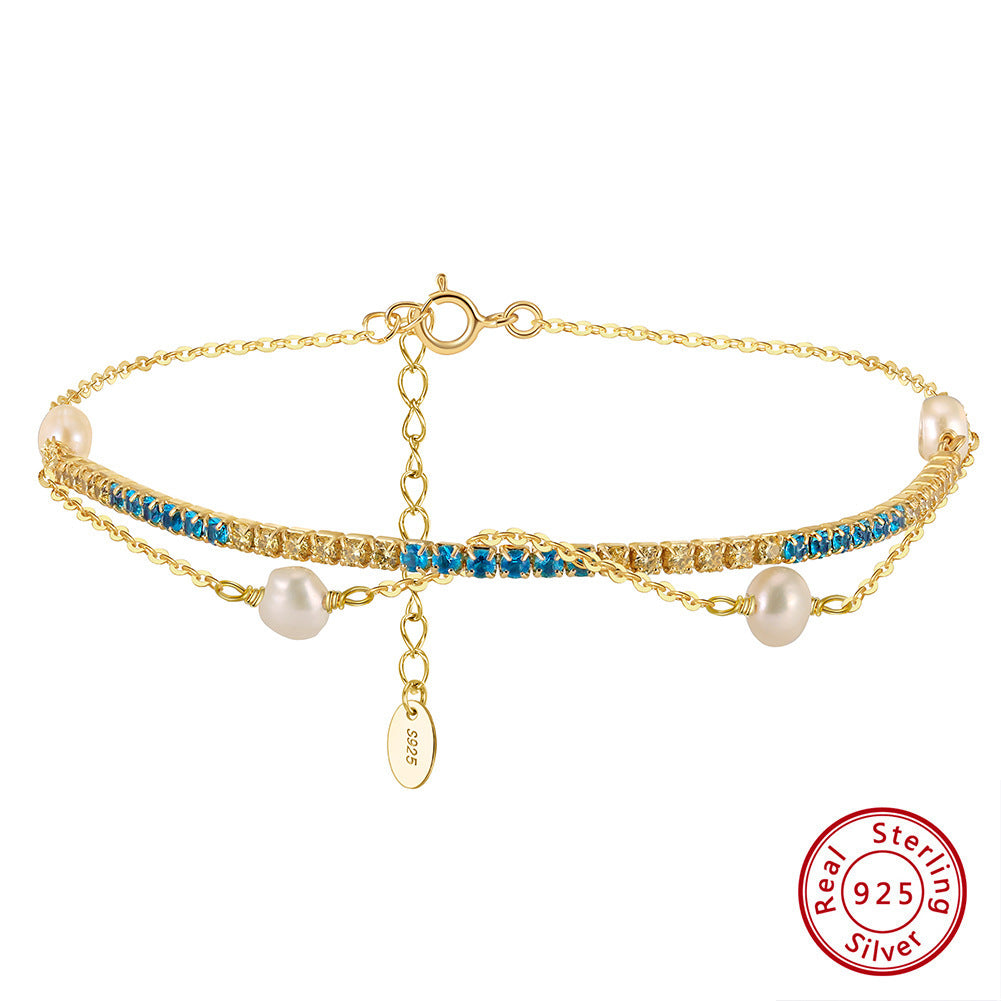 925 Sterling Silver Natural Baroque Pearl Two-tone Tennis Chain Ins Style Bracelet