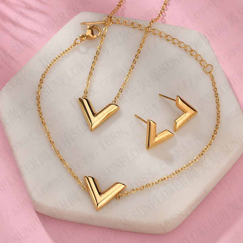 Collier Simple en forme de V en acier inoxydable, Bracelet, clous d'oreilles, costume
