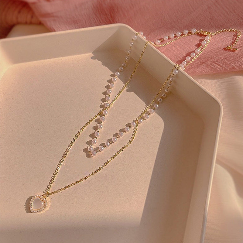 Women's Pearl Double-layer Opal Heart Necklace