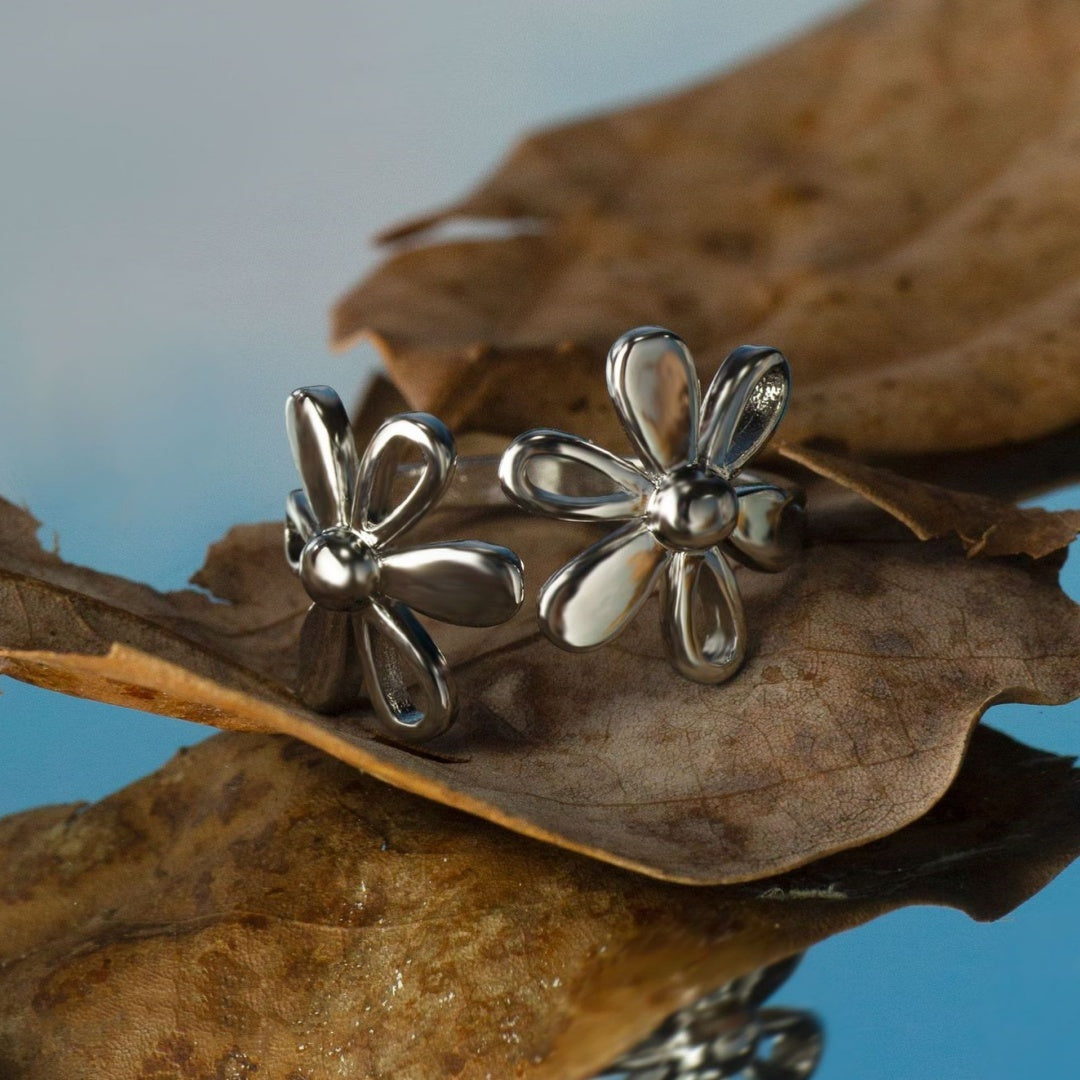 Anillo de plata de viento frío con flor linda de estilo coreano con abertura