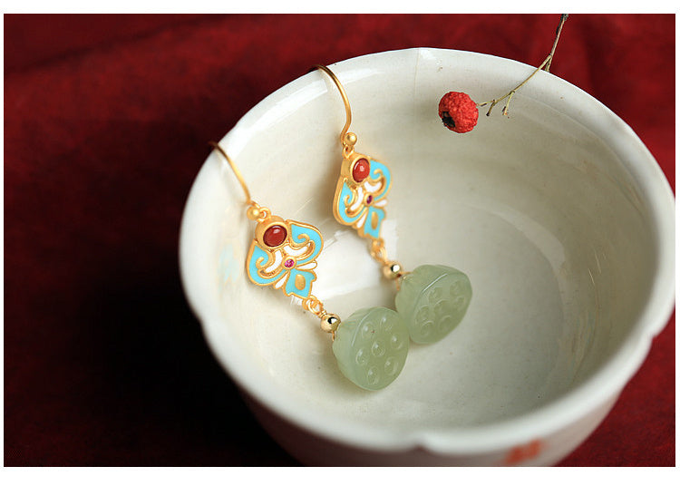 Boucles d'oreilles en argent Sterling et or ancien, Jade Hetian, graine de Lotus, émail pour femmes, rétro capricieuses