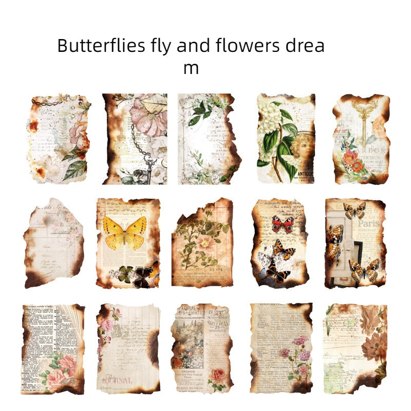 Série de fragments brûlés de papier de matériau brûlé anormal rétro de poème de sucre