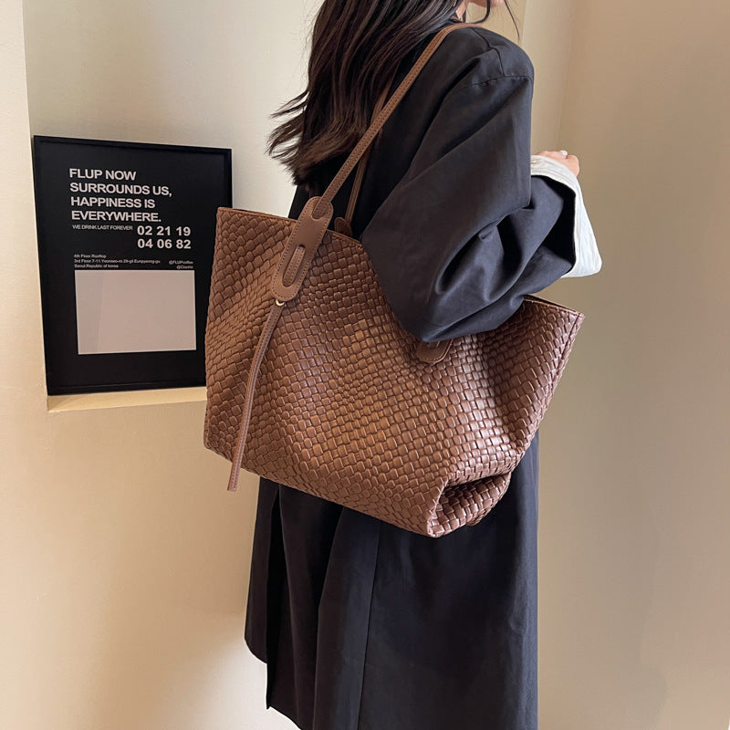 Large Capacity Woven Shouder Bgas Women Versatile Retro Textured Solid Color Totes
