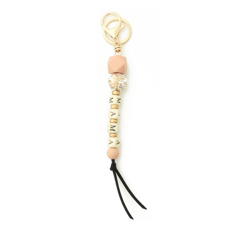 Letter Wood Wafer Silicone Bag Pendant Leopard Chain Keychain