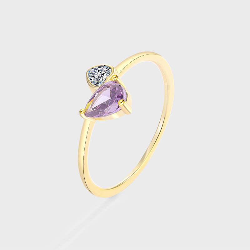 S925 Sterling Silver Plated 14K Gold Ring Purple Gem Peach Heart