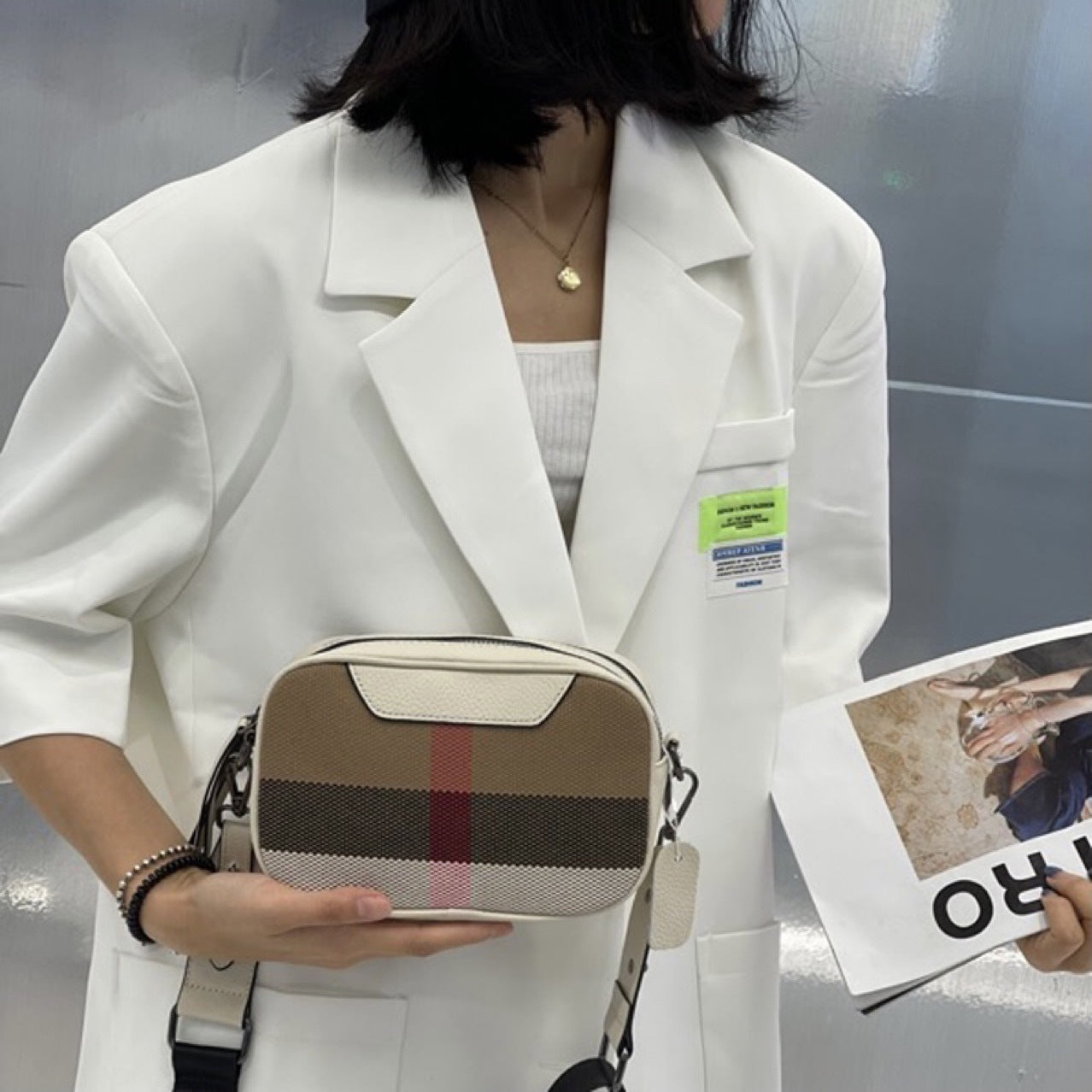 Sac à carreaux en toile polyvalent à bandoulière diagonale