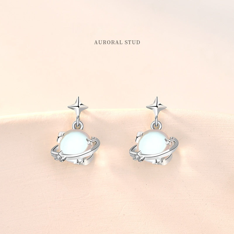 S925 Sterling Silver Moonstone Planet Female South Korea Simple Special Interest Earrings