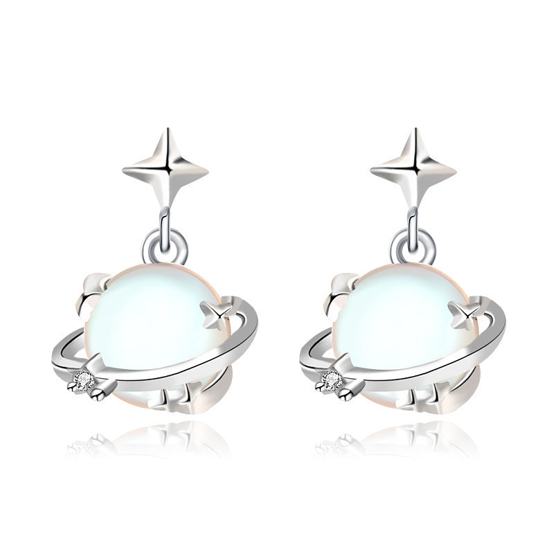 S925 Sterling Silver Moonstone Planet Female South Korea Simple Special Interest Earrings