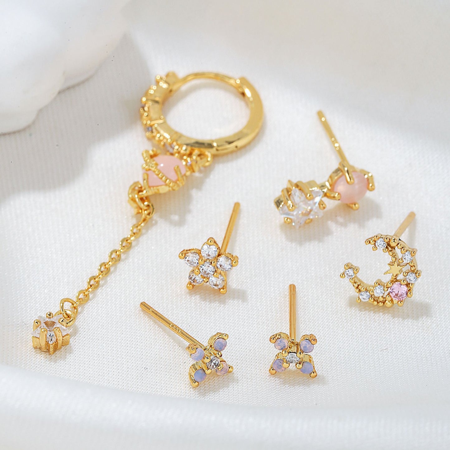 925 Silver Needle Flower Suit Combination Micro Zircon-encrusted Stud Earrings Six-piece Set Ornament